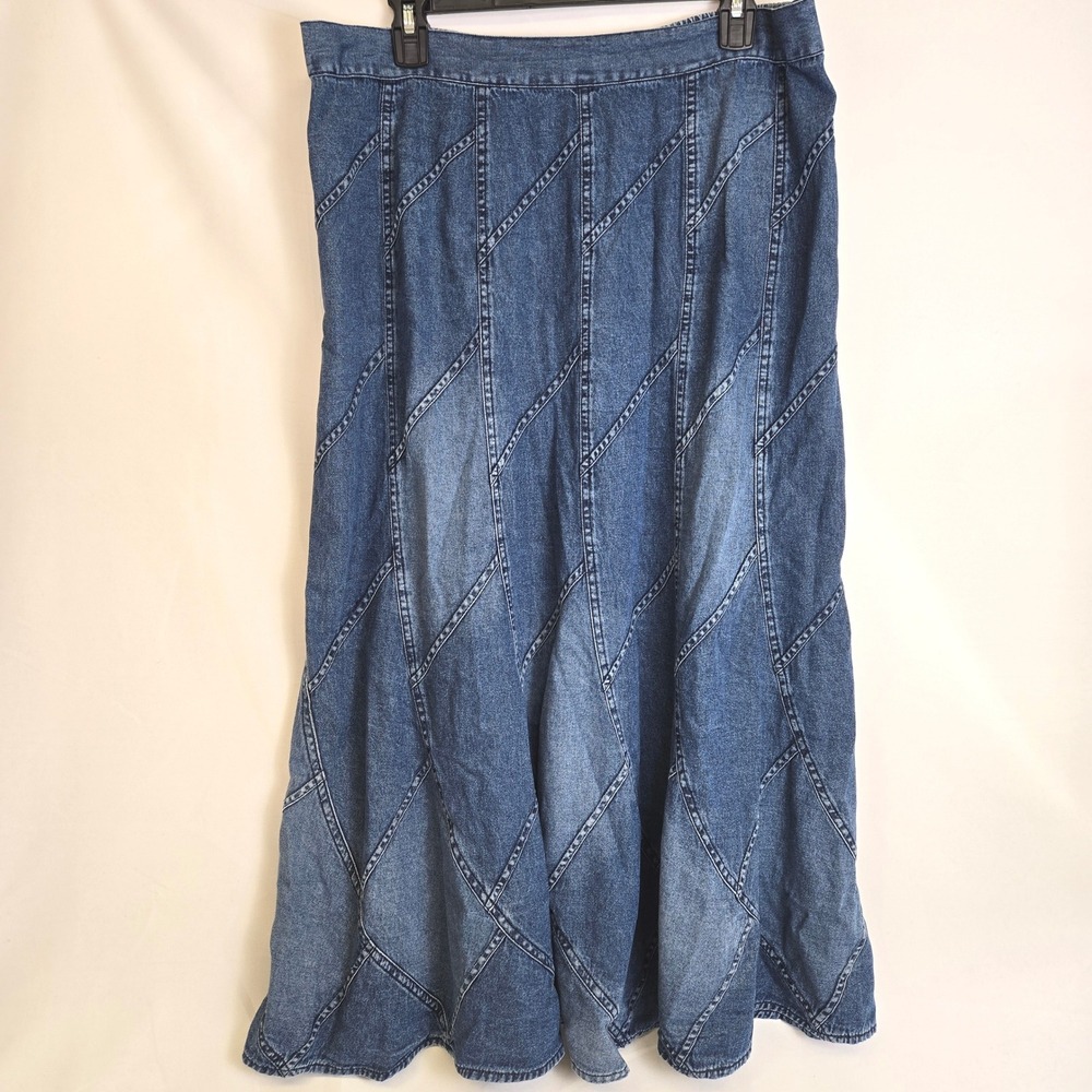 Studio West Patchwork Denim Cotton Midi Skirt Boho Western Cottage Vintage XL